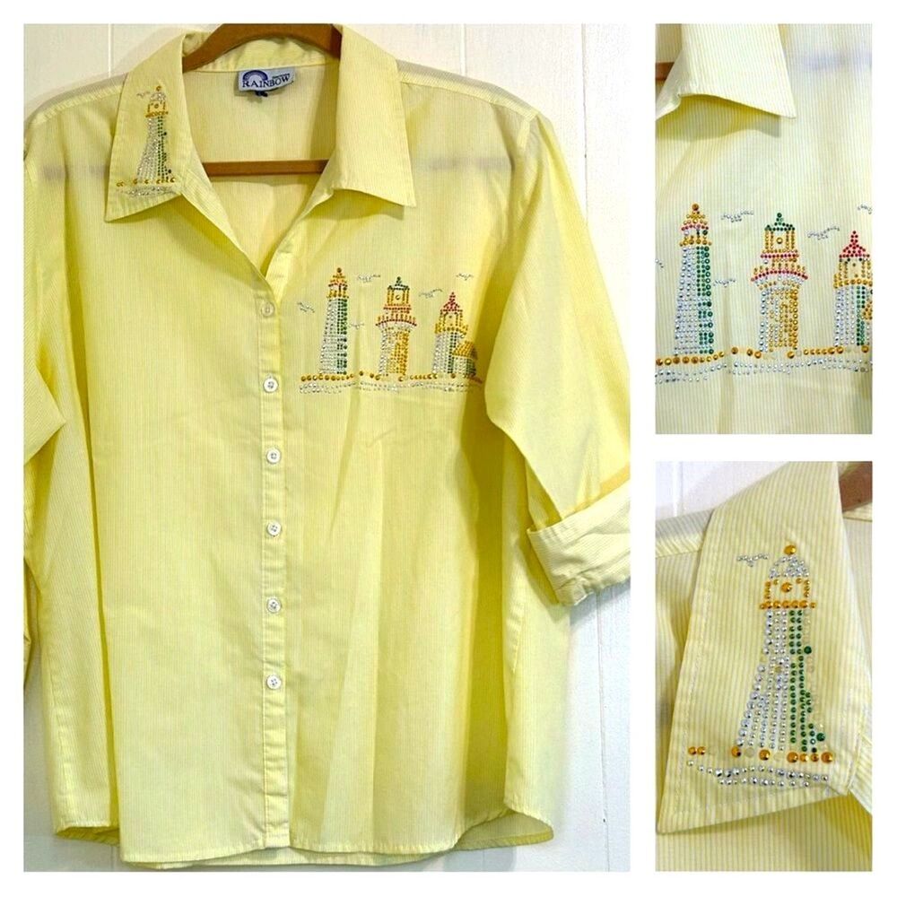 RAINBOW Women's Shirts Size XL Sportwear Rhinestone Yellow Striped Botton Down